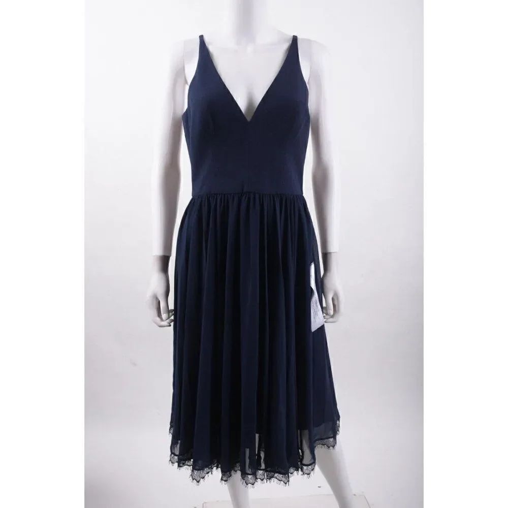 Dress The Population Women Alicia Chiffon Fit & Flare Midi Dress M Navy Blue NWT